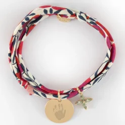 Bracelet 3 tours Liberty personnalisé médaille gravée plaqué or 15 mm et breloque fleur pétales zircons 10 mm