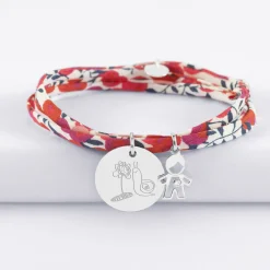 Bracelet 3 tours Liberty personnalisé médaille gravée argent 19 mm et breloque petit garçon zircon 12 mm