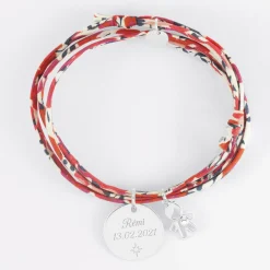Bracelet 3 tours Liberty personnalisé médaille gravée argent 19 mm et breloque petit garçon zircon 12 mm