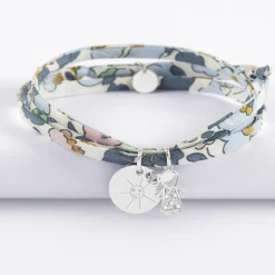 Bracelet 3 tours Liberty personnalisé médaille gravée argent 15 mm et breloque petite fille scintillante 12 mm