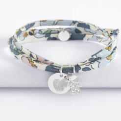 Bracelet 3 tours Liberty personnalisé médaille gravée argent 15 mm et breloque petite fille scintillante 12 mm