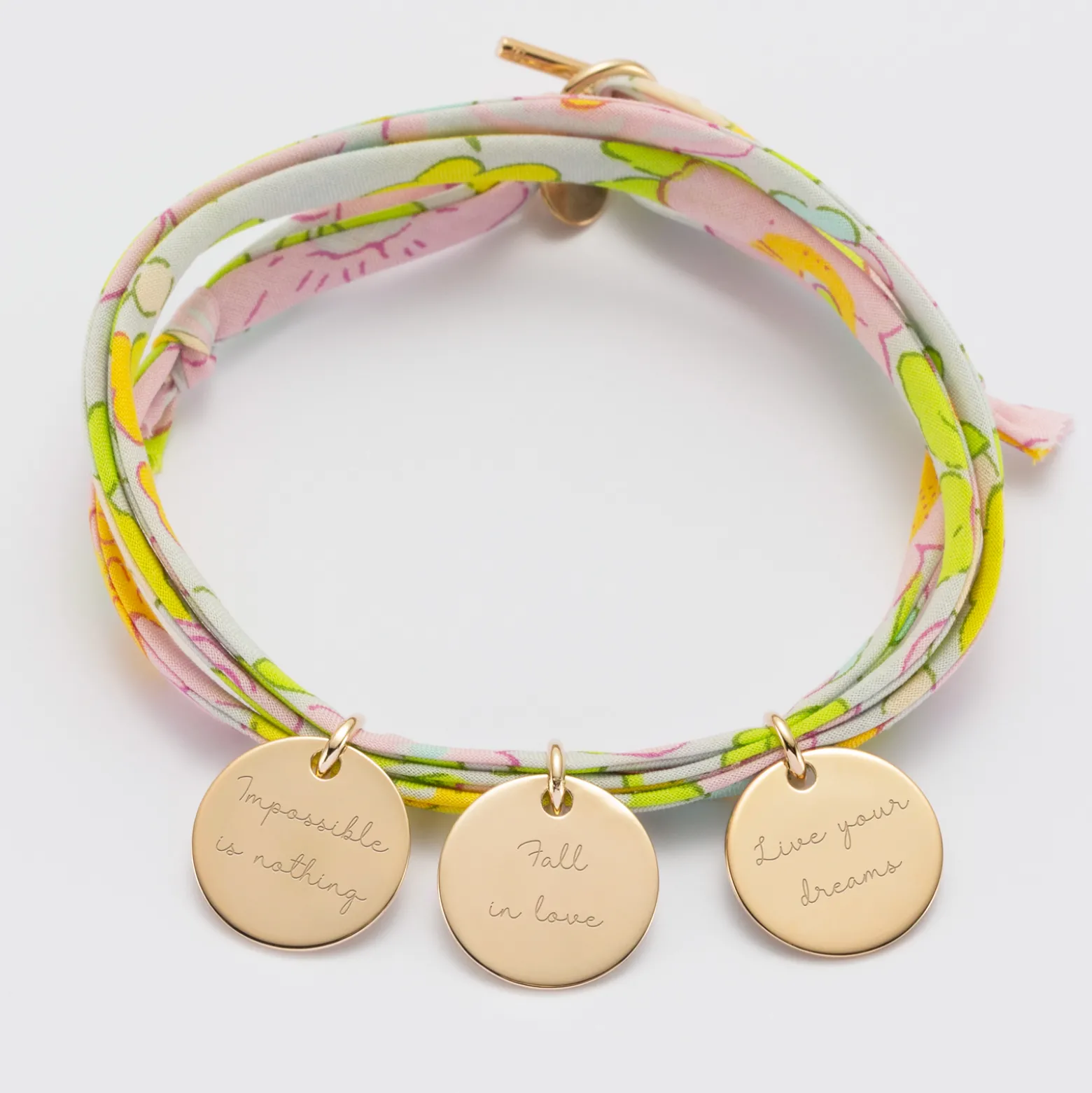Bracelet 3 tours Liberty personnalisé 3 médailles gravées plaqué or 15 mm