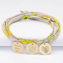 Bracelet 3 tours Liberty personnalisé 3 médailles gravées plaqué or 15 mm
