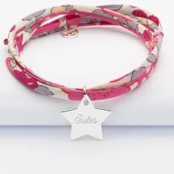 Bracelet 3 tours Liberty personnalisé prénom médaille gravée argent étoile 20x20 mm