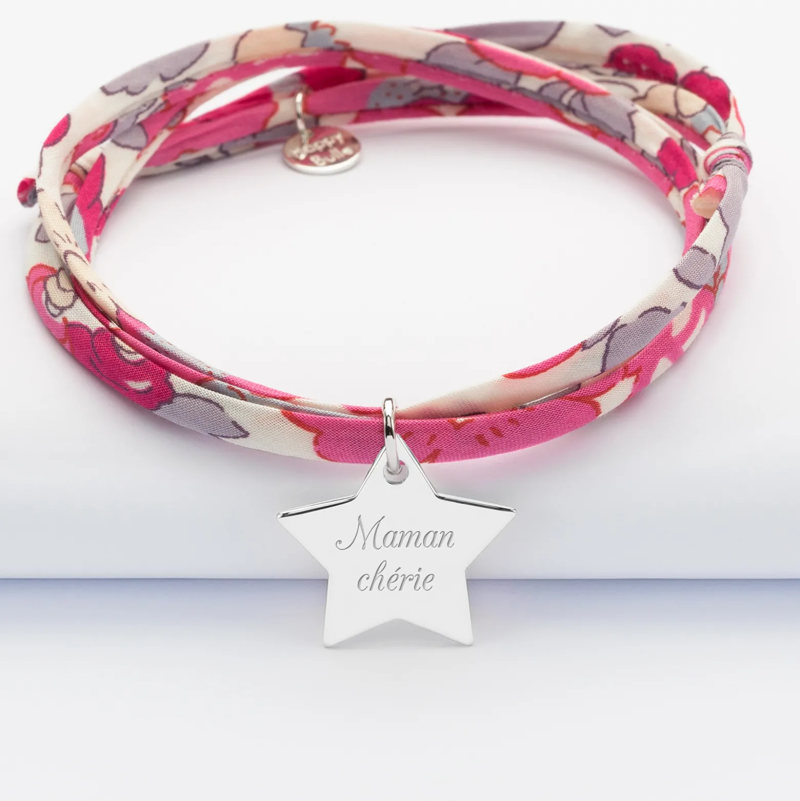 Bracelet 3 tours Liberty personnalisé prénom médaille gravée argent étoile 20x20 mm