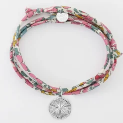 Bracelet 3 tours Liberty personnalisé médaille gravée argent rose des vents texturée 14 mm