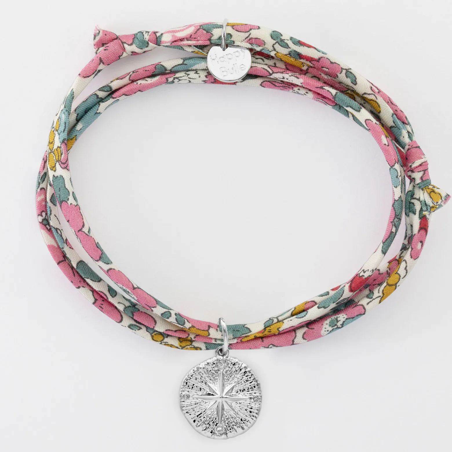 Bracelet 3 tours Liberty personnalisé médaille gravée argent rose des vents texturée 14 mm