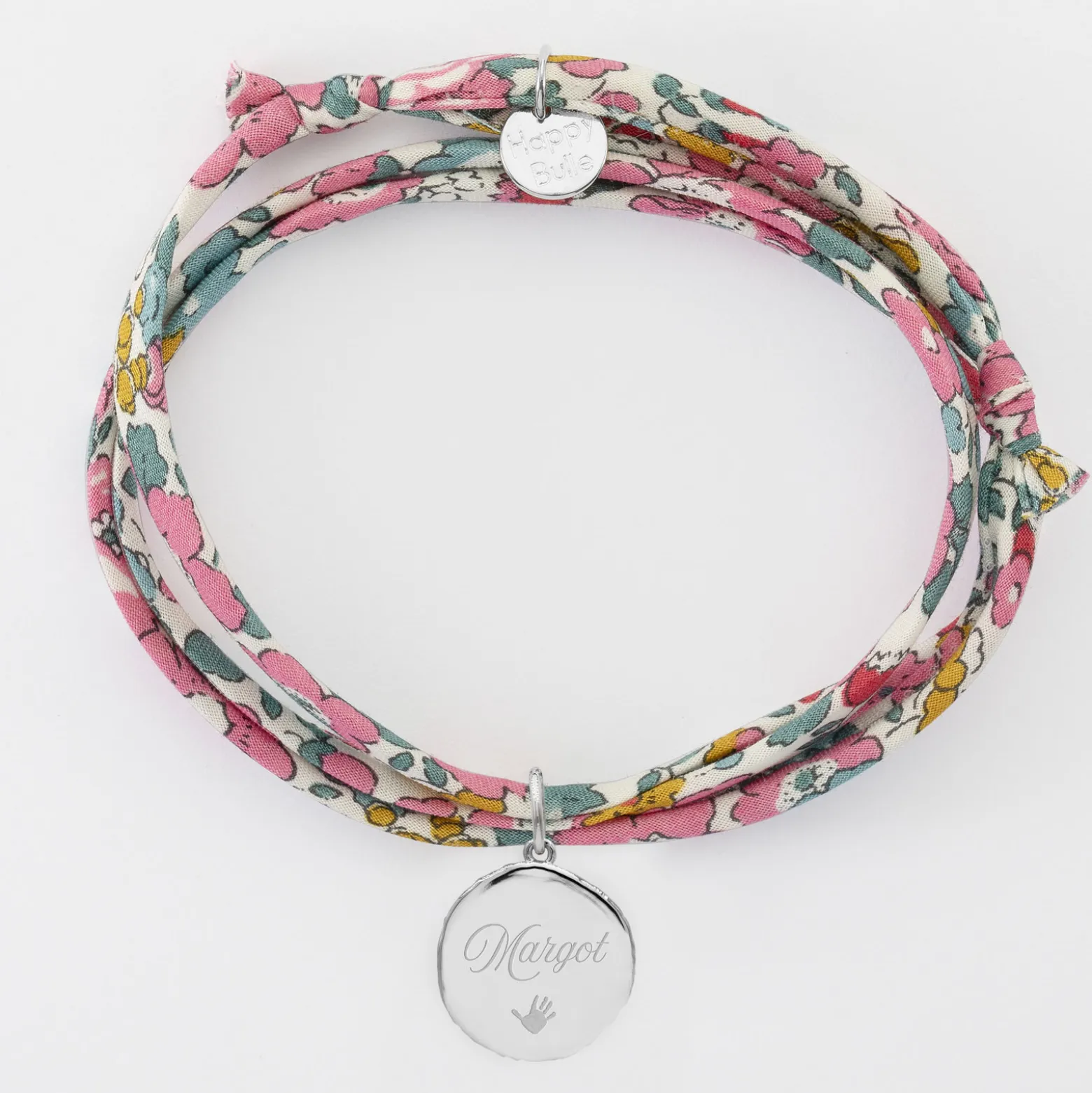 Bracelet 3 tours Liberty personnalisé médaille gravée argent rose des vents texturée 14 mm