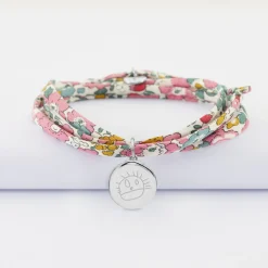 Bracelet 3 tours Liberty personnalisé médaille gravée argent rose des vents texturée 14 mm