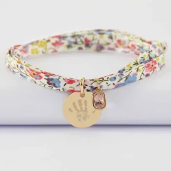 Bracelet 3 tours Liberty personnalisé médaille gravée plaqué or 15 mm et breloque rectangle zircon plaqué or 9 mm
