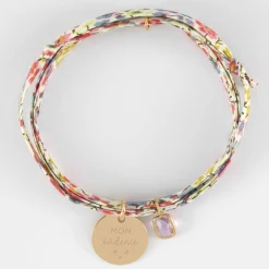 Bracelet 3 tours Liberty personnalisé médaille gravée plaqué or 15 mm et breloque rectangle zircon plaqué or 9 mm