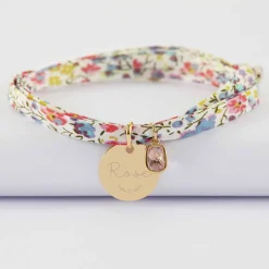 Bracelet 3 tours Liberty personnalisé médaille gravée plaqué or 15 mm et breloque rectangle zircon plaqué or 9 mm