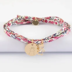 Bracelet 3 tours Liberty personnalisé médaille gravée plaqué or 15 mm et breloque petite fille zircon 12 mm