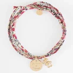 Bracelet 3 tours Liberty personnalisé médaille gravée plaqué or 15 mm et breloque petite fille zircon 12 mm