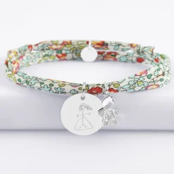Bracelet 3 tours Liberty personnalisé médaille gravée argent 19 mm et breloque petit garçon scintillant 12 mm
