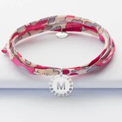 Bracelet 3 tours Liberty personnalisé médaille lettre initiale dentelle argent 14 mm