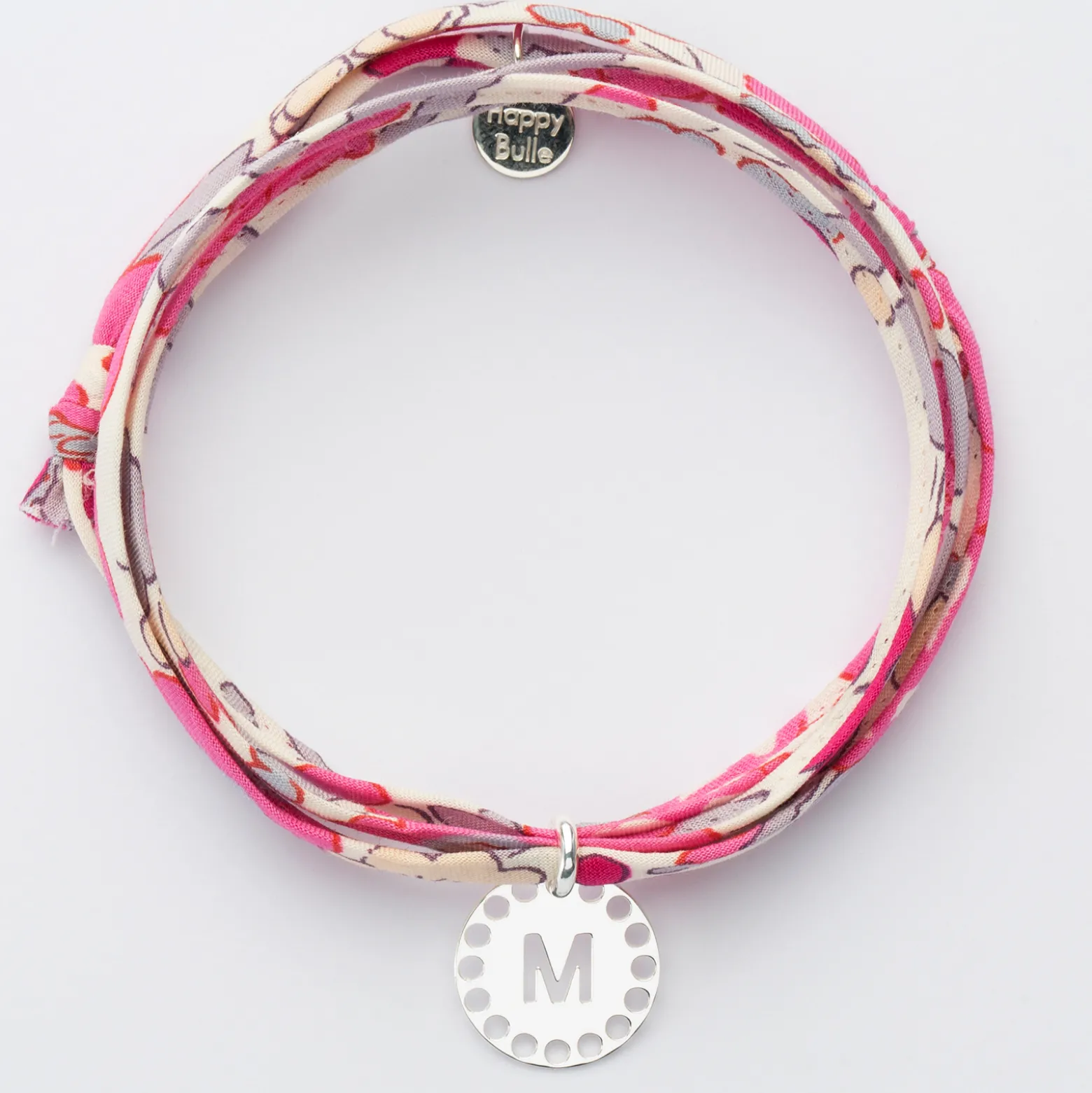 Bracelet 3 tours Liberty personnalisé médaille lettre initiale dentelle argent 14 mm