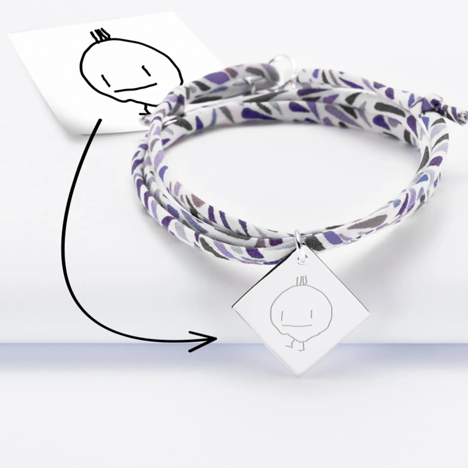 Bracelet 3 tours Liberty personnalisé médaille gravée argent dormeuse losange 25x25 mm - Nos petits imparfaits