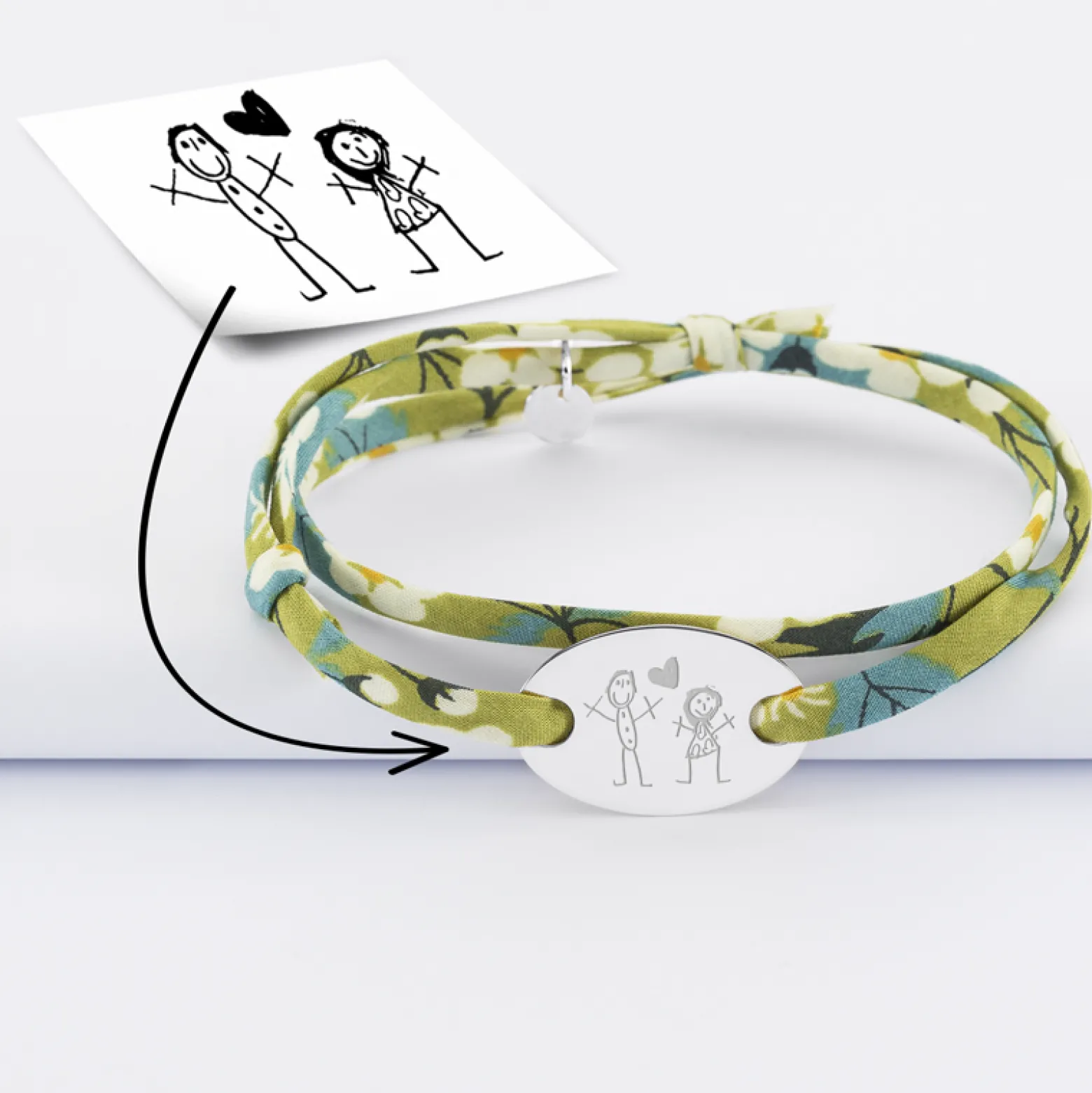 Bracelet 2 tours Liberty personnalisé médaille gravée argent ovale 25x16 mm