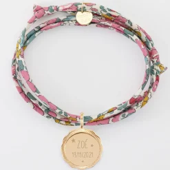 Bracelet 3 tours Liberty personnalisé médaille contour fleur gravée plaqué or 18 mm