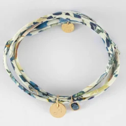 Bracelet 3 tours Liberty personnalisé médaille gravée plaqué or 10 mm et breloque rectangle zircon plaqué or 9 mm