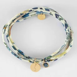 Bracelet 3 tours Liberty personnalisé médaille gravée plaqué or 10 mm et breloque rectangle zircon plaqué or 9 mm