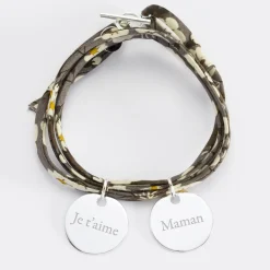 Bracelet 3 tours Liberty personnalisé 2 médailles gravées argent 19 mm