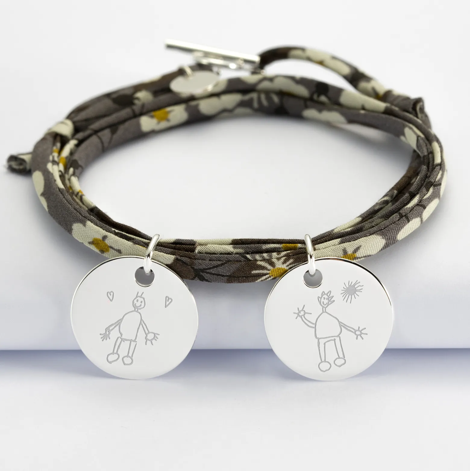 Bracelet 3 tours Liberty personnalisé 2 médailles gravées argent 19 mm
