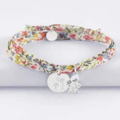 Bracelet 3 tours Liberty personnalisé médaille gravée argent 15 mm et breloque petit garçon scintillant 12 mm