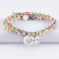 Bracelet 3 tours Liberty personnalisé médaille gravée argent 15 mm et breloque petit garçon scintillant 12 mm