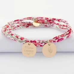 Bracelet 3 tours Liberty personnalisé 2 médailles gravées plaqué or 15 mm