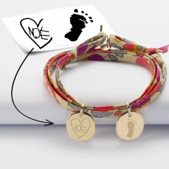 Bracelet 3 tours Liberty personnalisé 2 médailles gravées plaqué or 15 mm