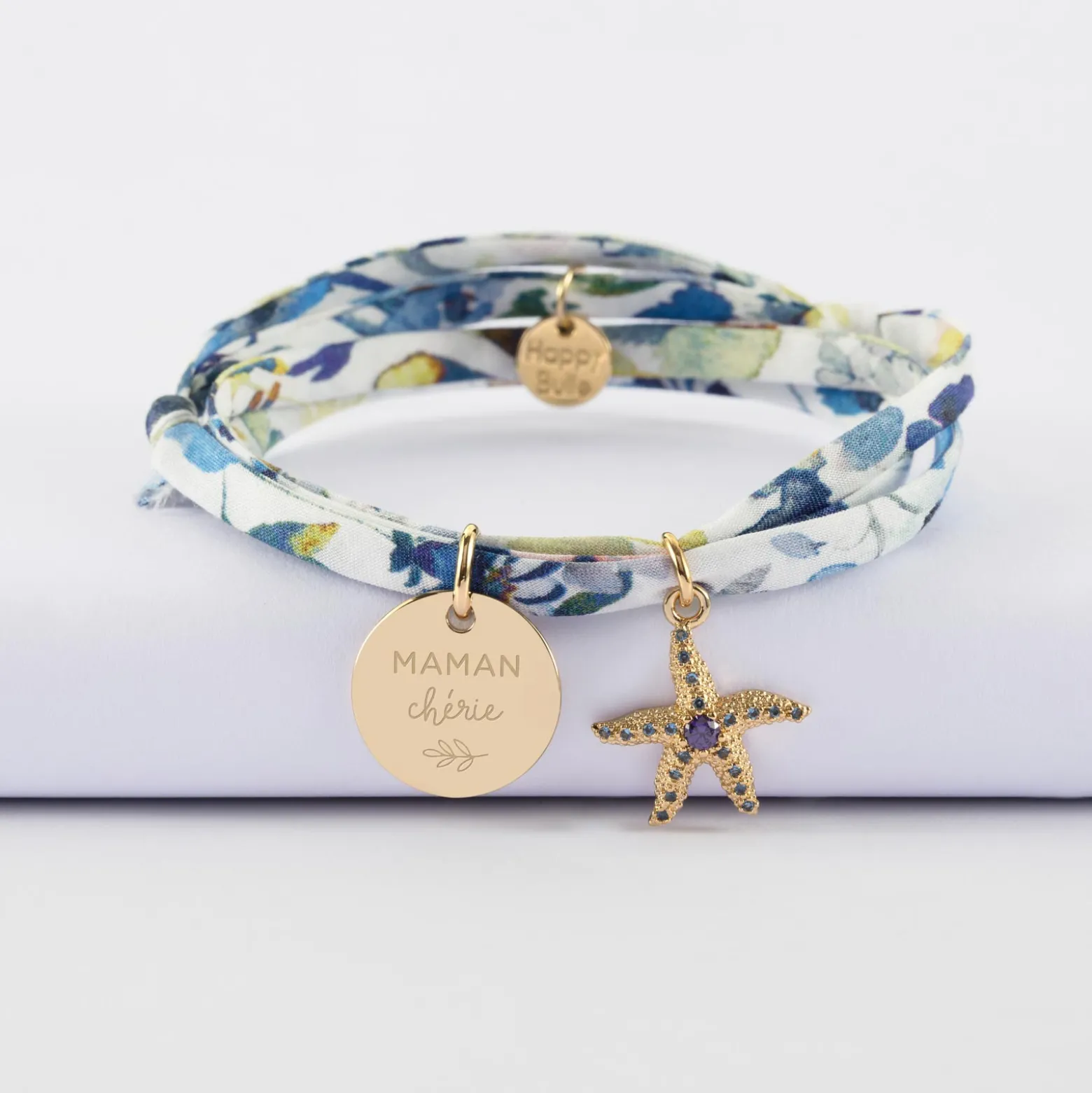 Bracelet 3 tours Liberty personnalisé médaille gravée plaqué or 15 mm et breloque(s) summer - à composer