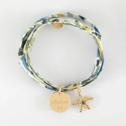 Bracelet 3 tours Liberty personnalisé médaille gravée plaqué or 15 mm et breloque(s) summer - à composer