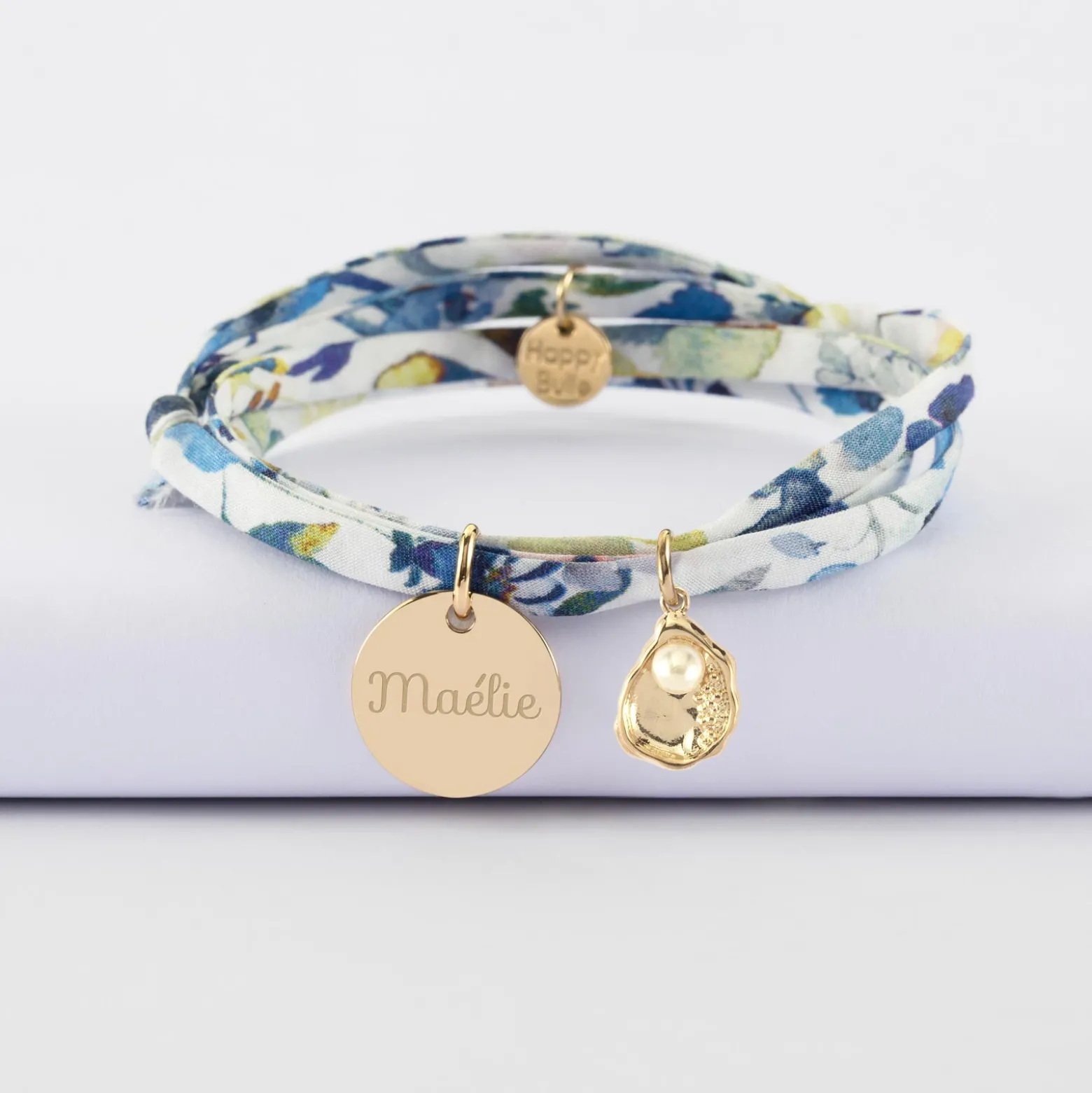 Bracelet 3 tours Liberty personnalisé médaille gravée plaqué or 15 mm et breloque(s) summer - à composer