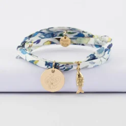 Bracelet 3 tours Liberty personnalisé médaille gravée plaqué or 15 mm et breloque(s) summer - à composer