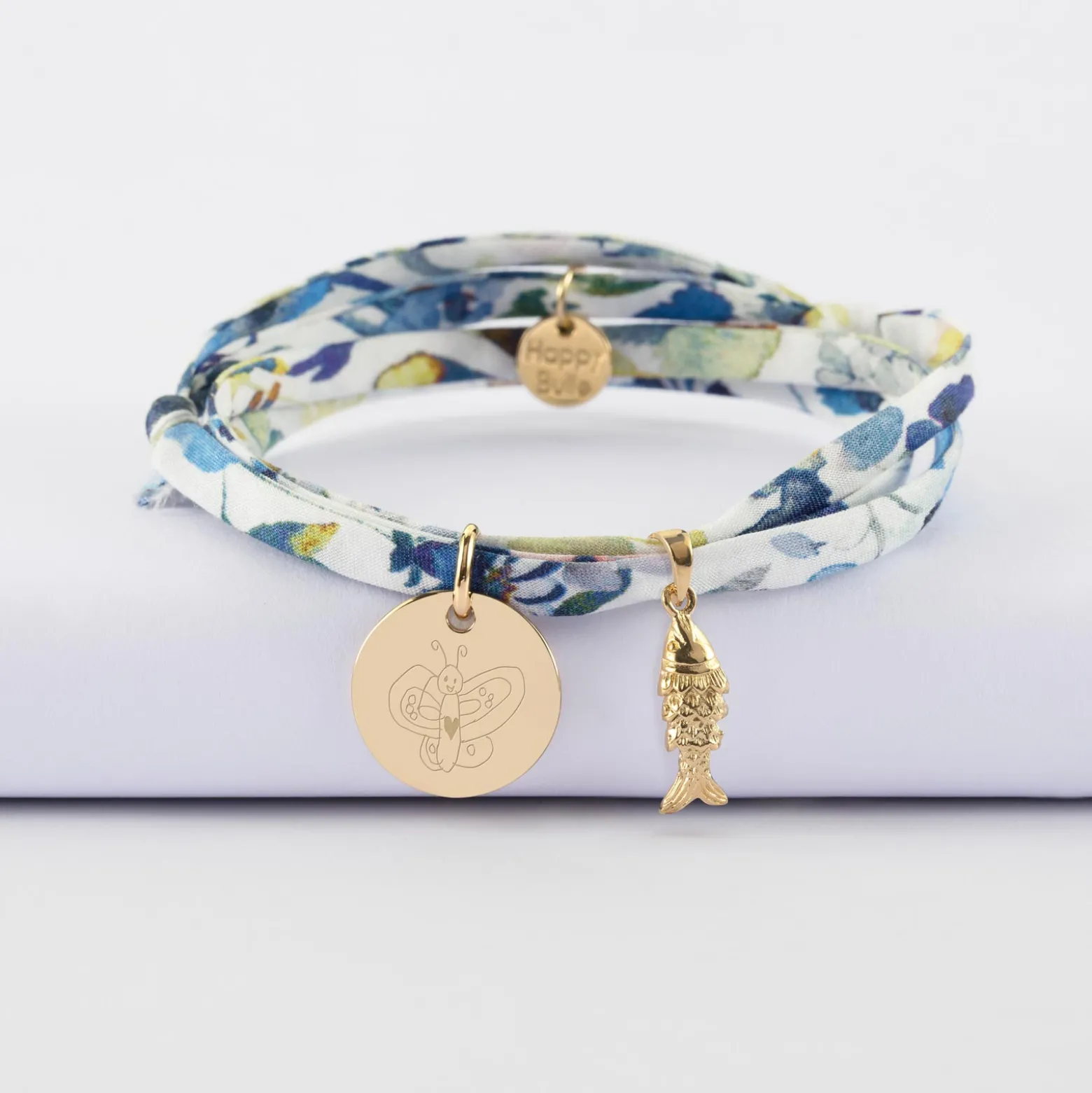 Bracelet 3 tours Liberty personnalisé médaille gravée plaqué or 15 mm et breloque(s) summer - à composer