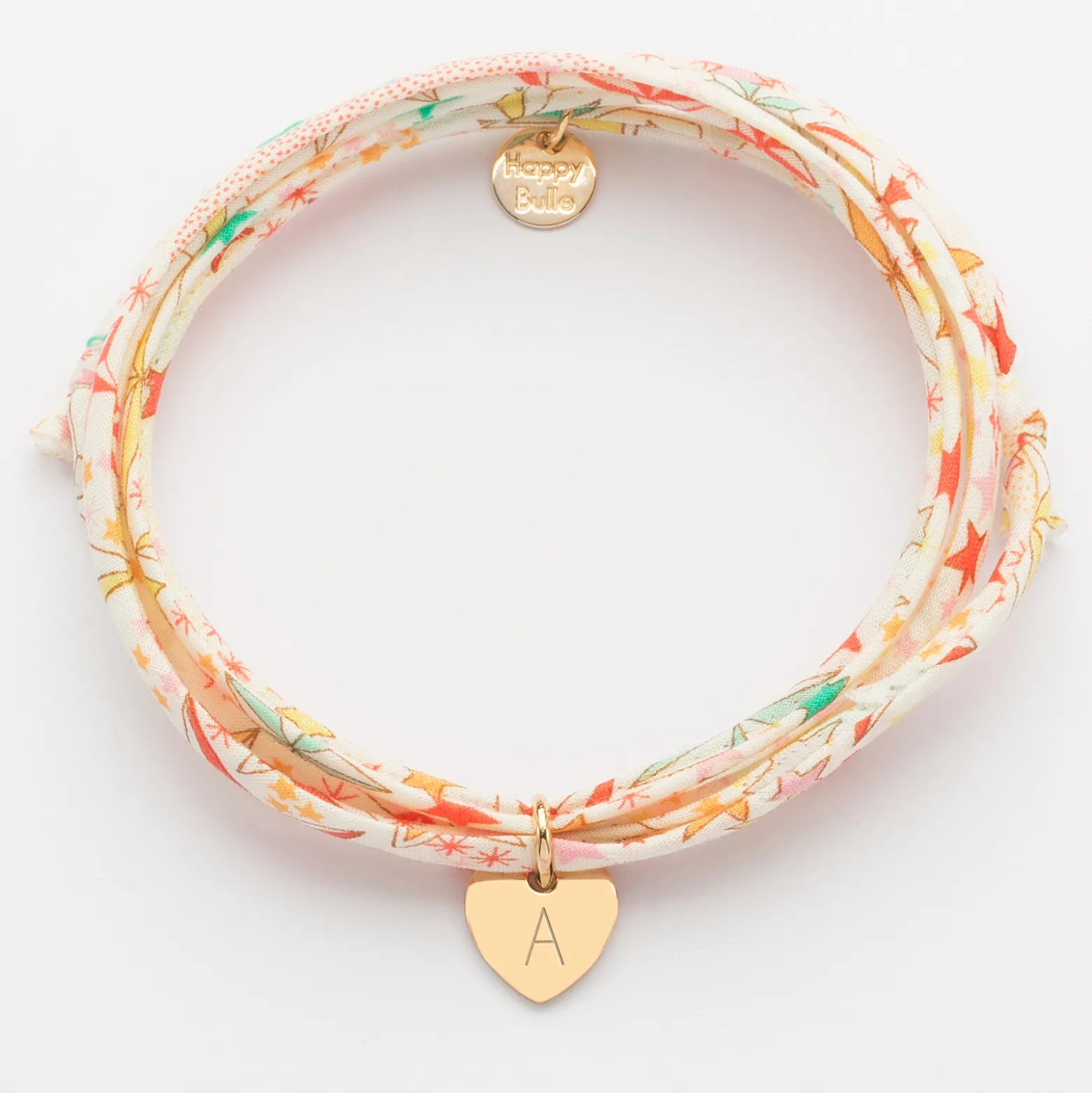Bracelet 3 tours Liberty personnalisé initiale médaille gravée plaqué or coeur 10 mm