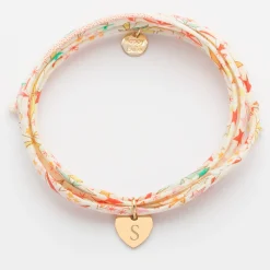 Bracelet 3 tours Liberty personnalisé initiale médaille gravée plaqué or coeur 10 mm