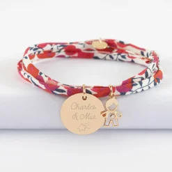 Bracelet 3 tours Liberty personnalisé médaille gravée plaqué or 19 mm et breloque petit garçon zircon 12 mm