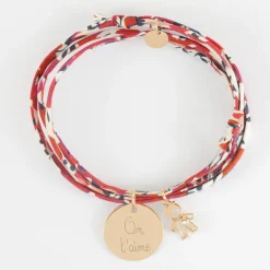 Bracelet 3 tours Liberty personnalisé médaille gravée plaqué or 19 mm et breloque petit garçon zircon 12 mm