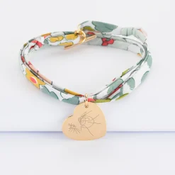 Bracelet 3 tours Liberty personnalisé médaille gravée plaqué or dormeuse coeur 19x21 mm