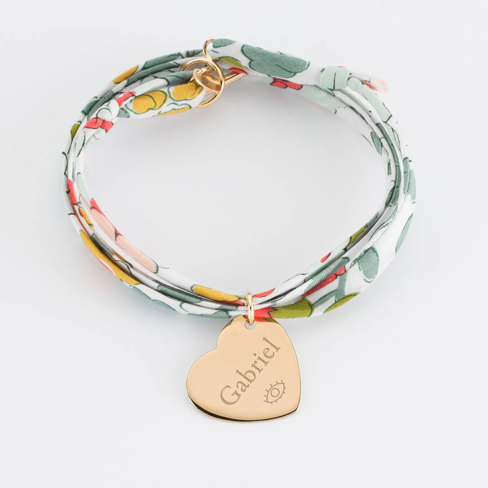 Bracelet 3 tours Liberty personnalisé médaille gravée plaqué or dormeuse coeur 19x21 mm