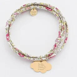 Bracelet 3 tours Liberty personnalisé prénom médaille gravée plaqué or nuage 20x14 mm