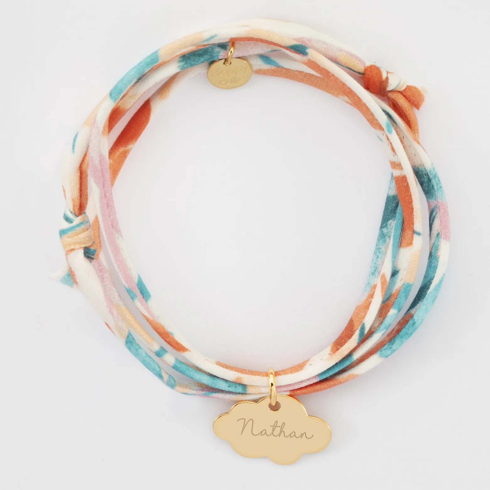 Bracelet 3 tours Liberty personnalisé prénom médaille gravée plaqué or nuage 20x14 mm
