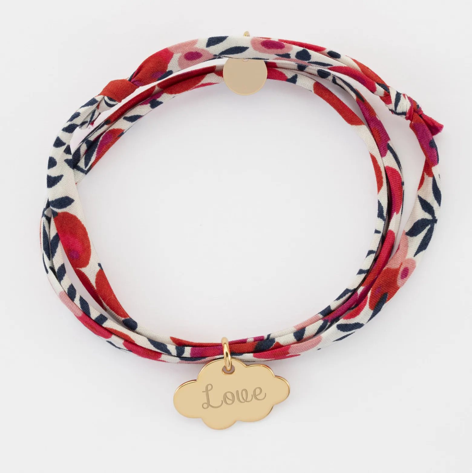 Bracelet 3 tours Liberty personnalisé prénom médaille gravée plaqué or nuage 20x14 mm