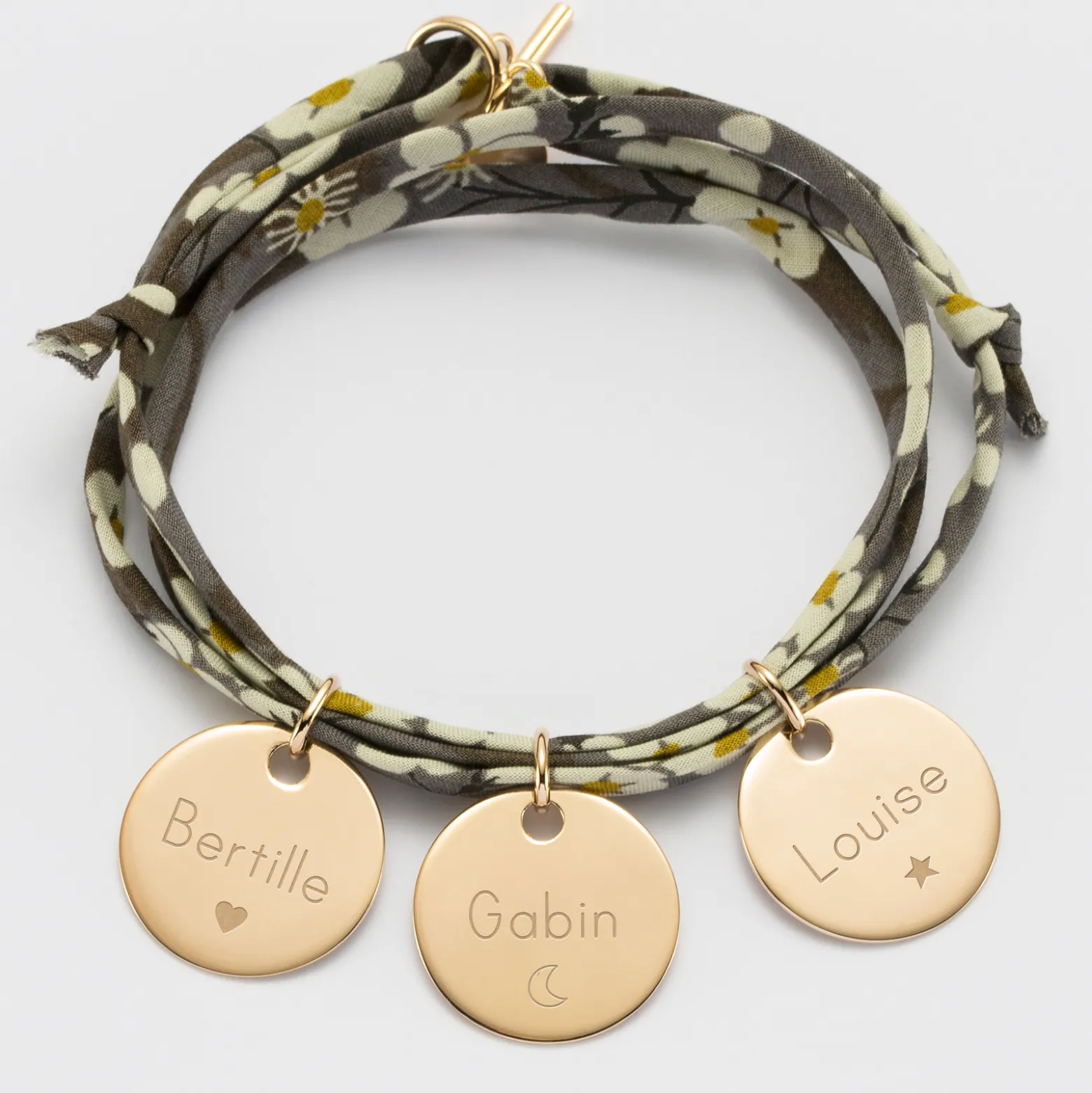Bracelet 3 tours liberty personnalisé 3 médailles gravées plaqué or 19 mm