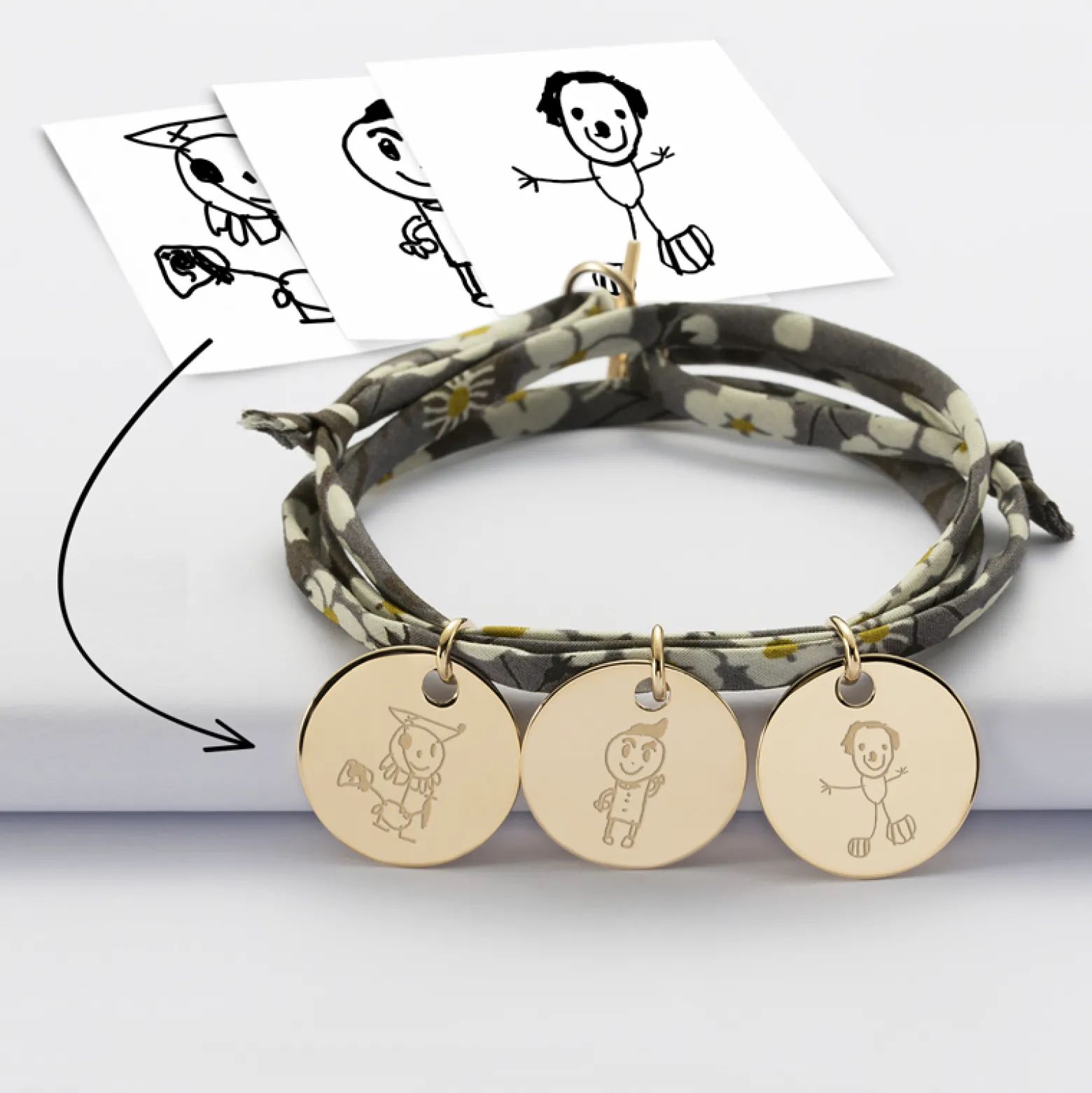 Bracelet 3 tours liberty personnalisé 3 médailles gravées plaqué or 19 mm