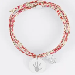 Bracelet 3 tours Liberty personnalisé médaille gravée argent 19 mm et breloque petite fille scintillante 12 mm