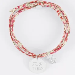 Bracelet 3 tours Liberty personnalisé médaille gravée argent 19 mm et breloque petite fille scintillante 12 mm